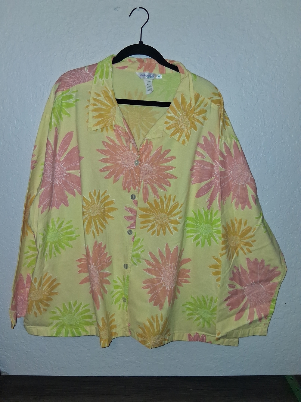 Fresh Produce Womens 3X Button Down Shirt Yellow Floral Long Sleeve Cotton USA